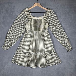 American Eagle Dress XS Cream Navy Plaid Smocked Peasant Long Sleeve Ruffle Hem‎
